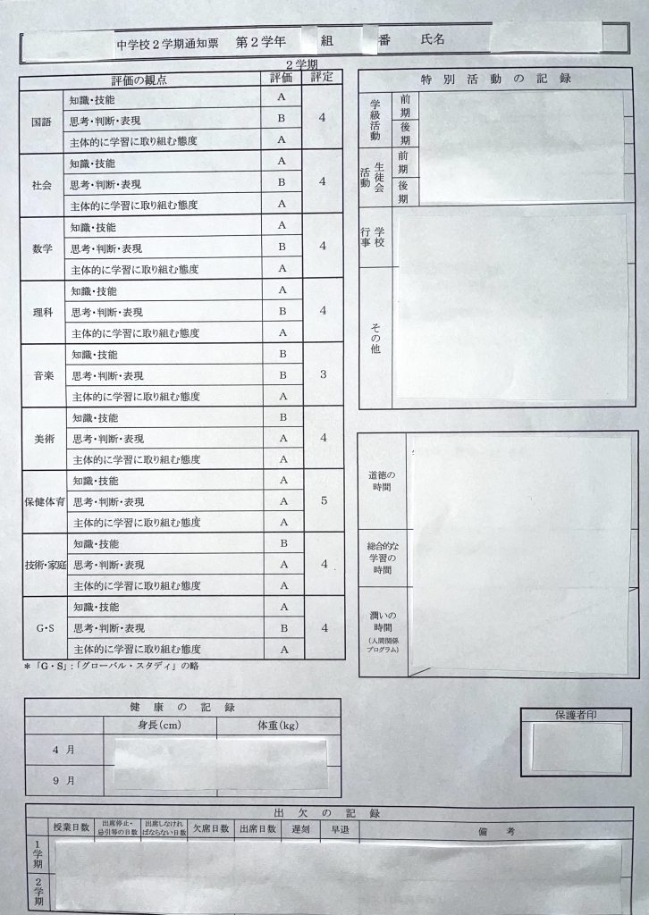 中学2年生2学期成績表
